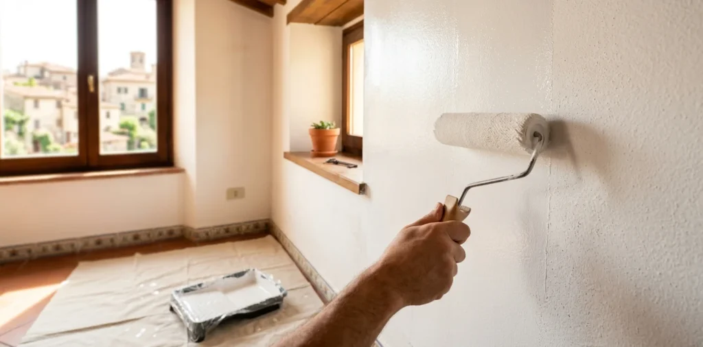  Mano con rullo che stende pittura bianca su parete in interno luminoso italiano