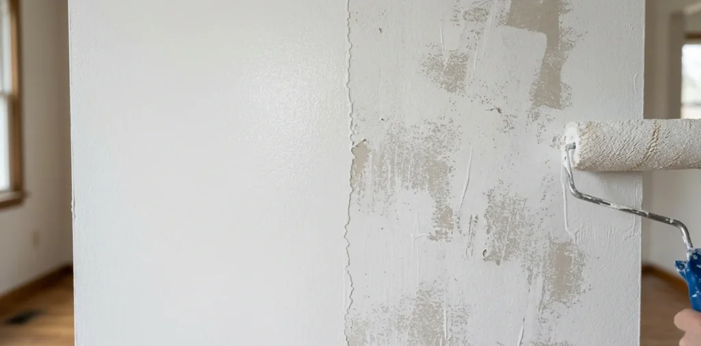 Parete divisa in due metà: un lato ben coperto con pittura uniforme, l'altro con copertura irregolare e il fondo che traspare