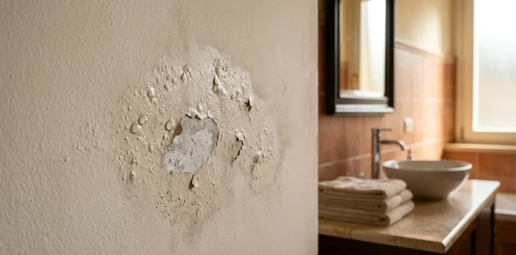 Parete di bagno con pittura che fa bolle e si distacca per effetto dell'umidità