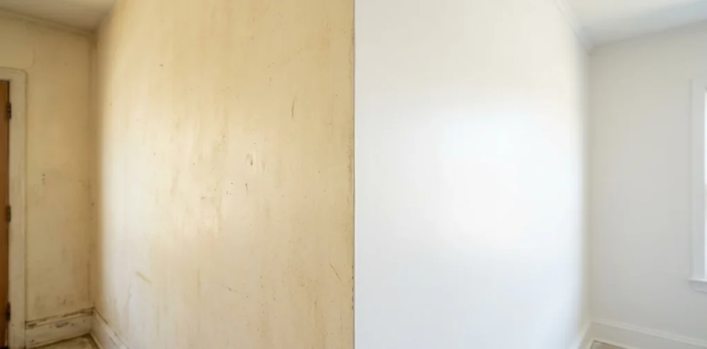 Angolo di parete con pittura ingiallita nel tempo a confronto con una zona bianca fresca