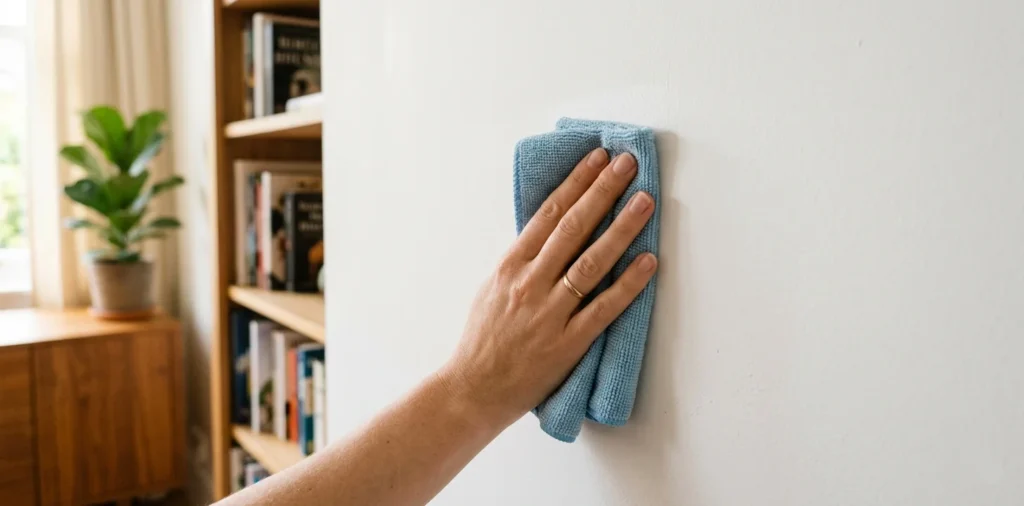 Mano con panno umido che pulisce una parete dipinta, superficie integra e resistente